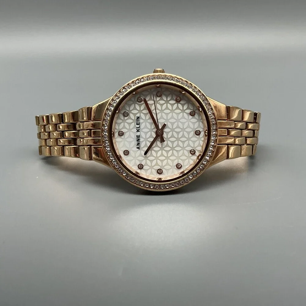 Anne Klein AK/3816 Womens Watch 34mm Rose Gold Tone Crystals New Battery 7.25